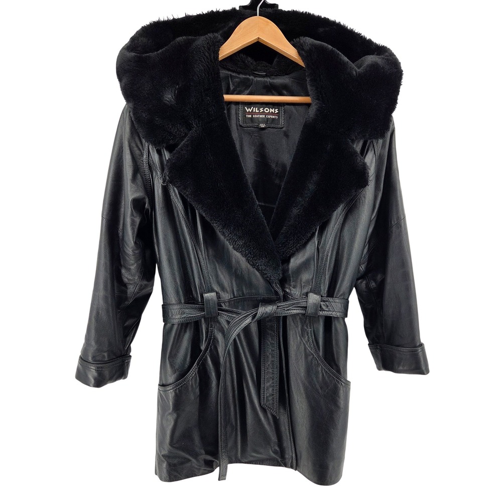Wilsons Leather Black Hooded‎ Trench Coat Faux Fur Trim Belted Womens XS